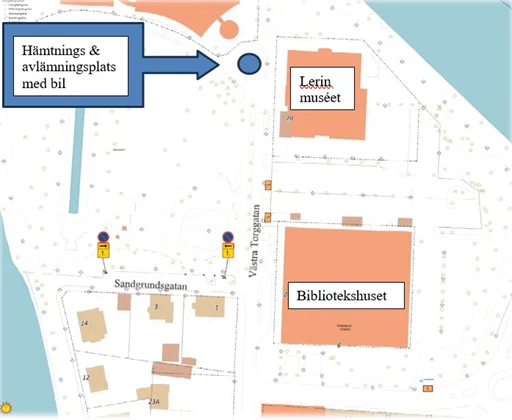 Bild över Sandgrundsudden med utmärkt plats för hämtning och lämning med bil.