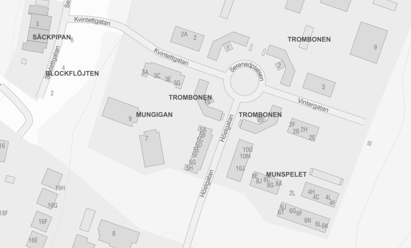 Karta över Serenadplatsen och Höstgatan på Kronoparken