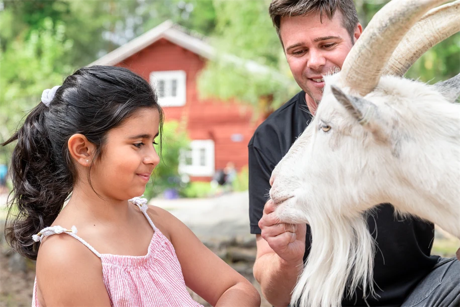 Flicka och djurvårdare träffar en get. 