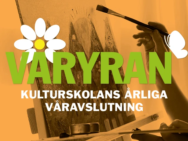 Orange bakgrund med texten Våryran Kulturskolans årliga våravslutning