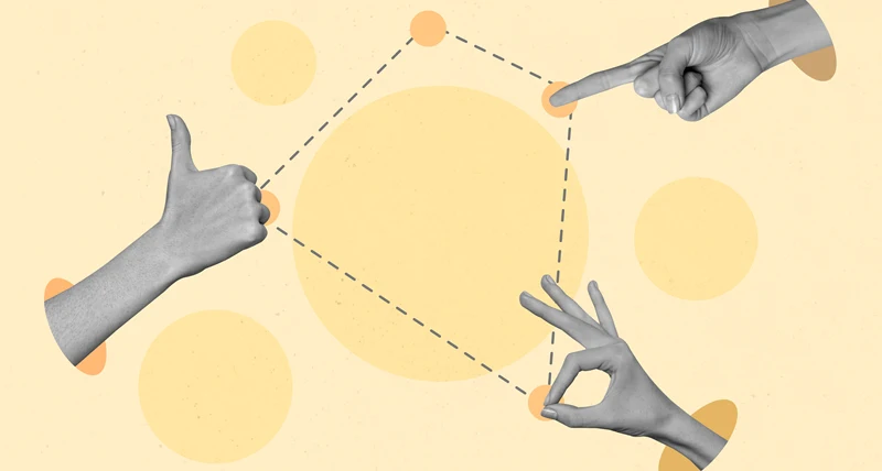 Ett kollage där fyra punkter bildar ett nätverk samt tre händer som gör olika tecken
