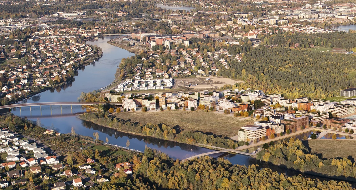 Flygbild över Jakobsberg med en illustration av Kartbergsbron