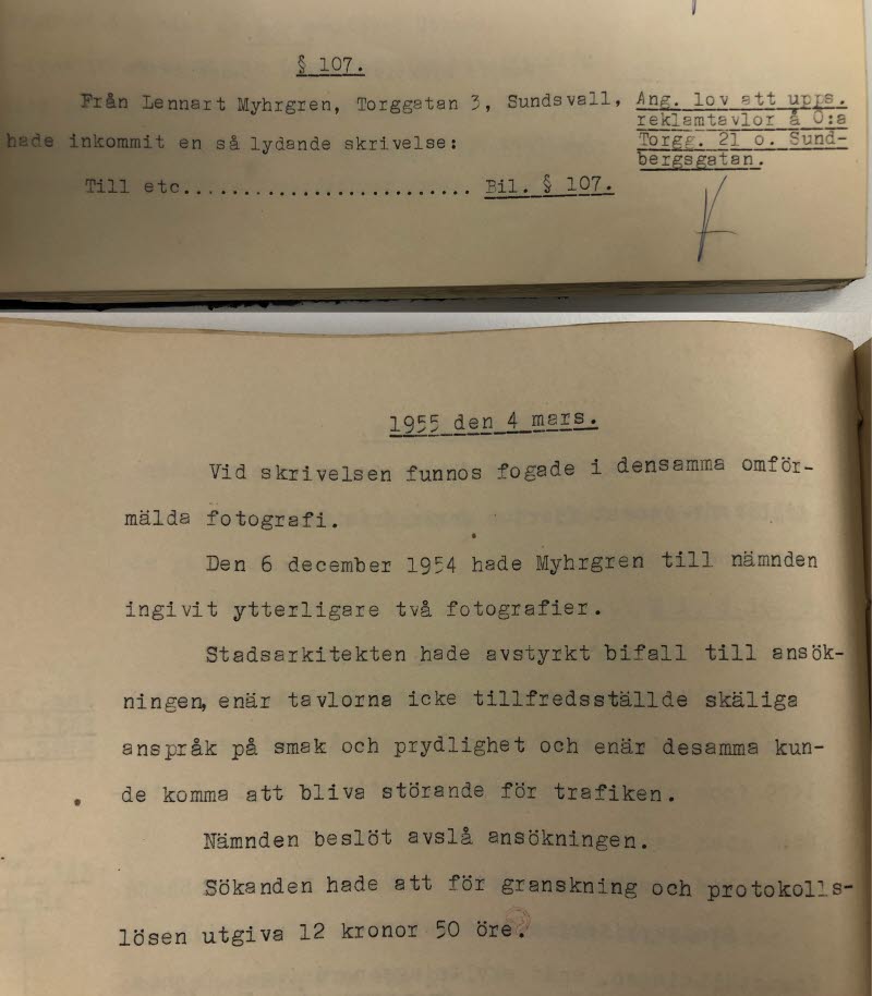 Paragraf 107 i Byggnadsnämndens protokoll 1955