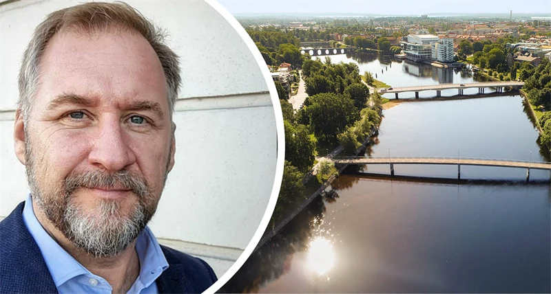 Delad bild med en man till vänster i bilden och en flygbild över Karlstad till höger.