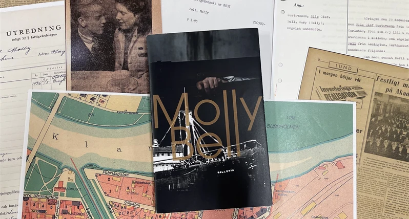 Ett kollage av historiska arkivhandlingar, tidningar, karta och ett bokomslag med namnet Molly Bell