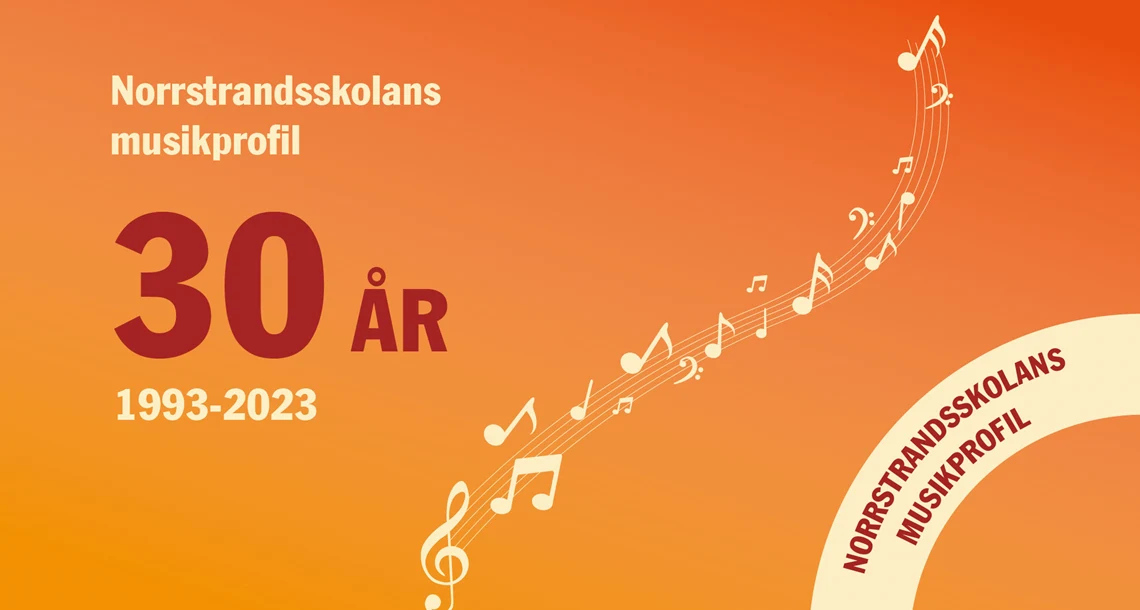 Animerad bild med text Norrstrandsskolans musikprofil 30 år