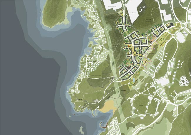 Översiktsbild som visar det vinnande förslaget i arkitekttävlingen för nya Katrineberg.