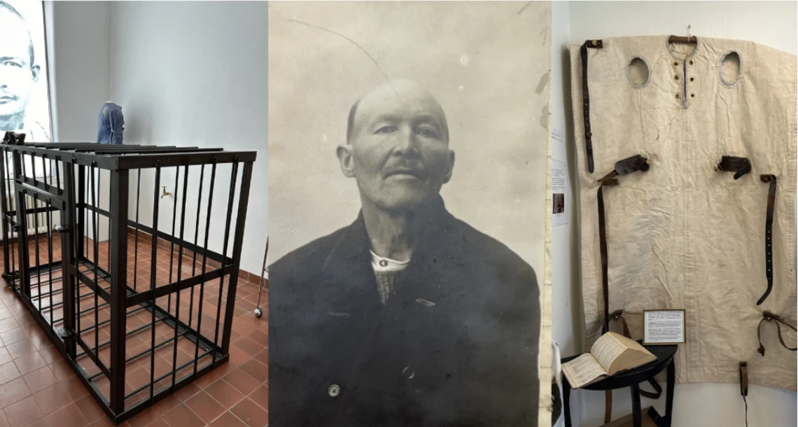 Äldre bilder från mentalsjukhus på patient, kläder och en bur