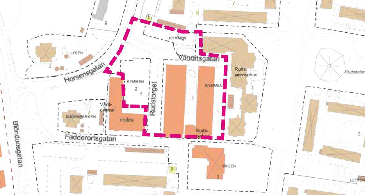 Översiktskarta över Kymmen 2, Ruds centrum med planområde markerat