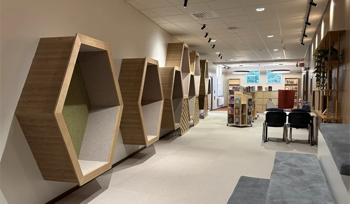 Skolbibliotek med bikupor som läshörna