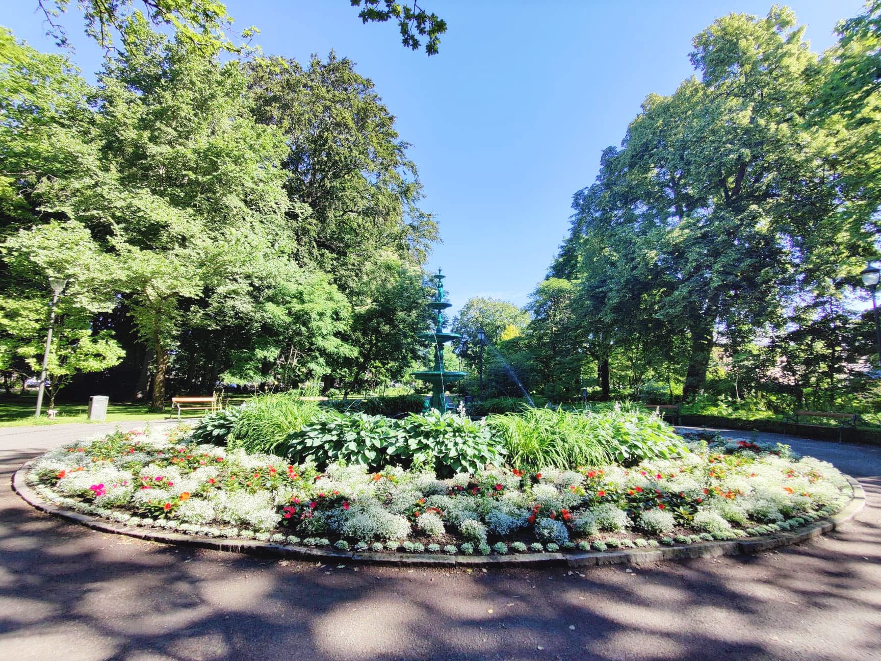 I Stadsträdgården finns det en fontänt, runtom fontänen finns det massvis med blommor.