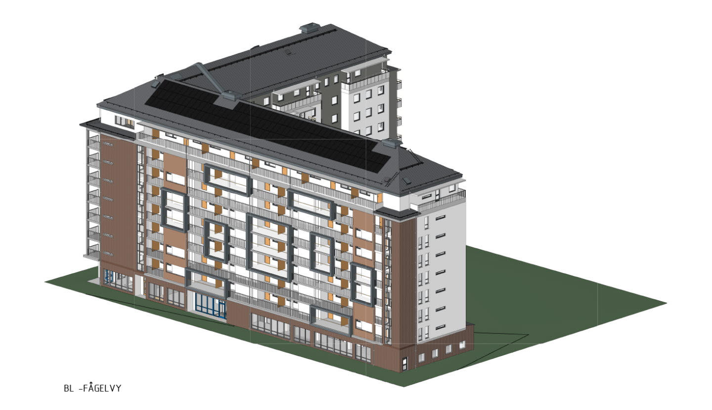 Illustrationsbild över ett niovåningshus med lägenheter