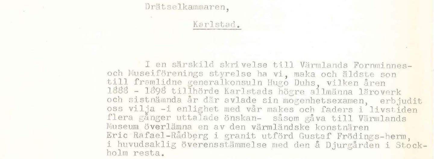 Ur drätselkammaren 1948 om Frödingstaty i gåva till Värmlands museum