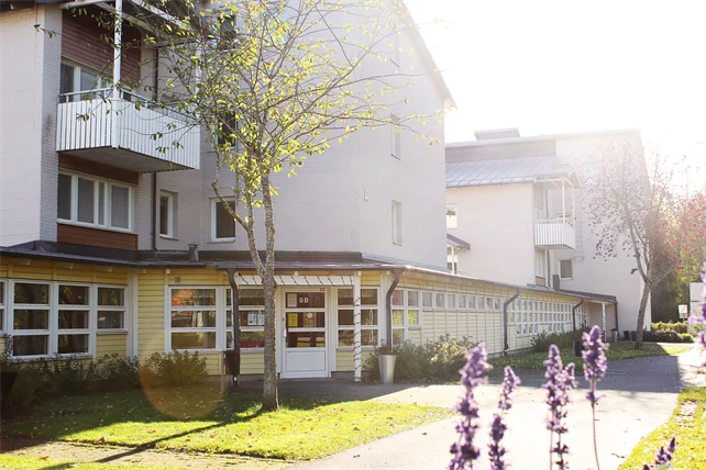 Solstrålar som lyser på Källans huvudentré.