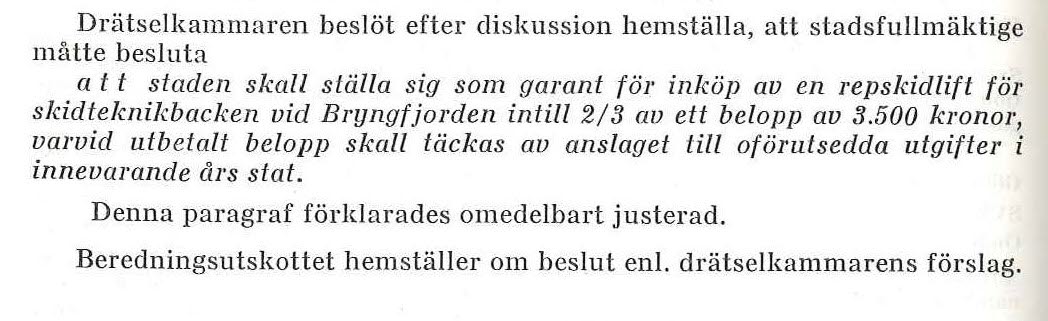 Stadsfullmäktigeprotokoll från 1962 om skidlift i Bryngfjorden
