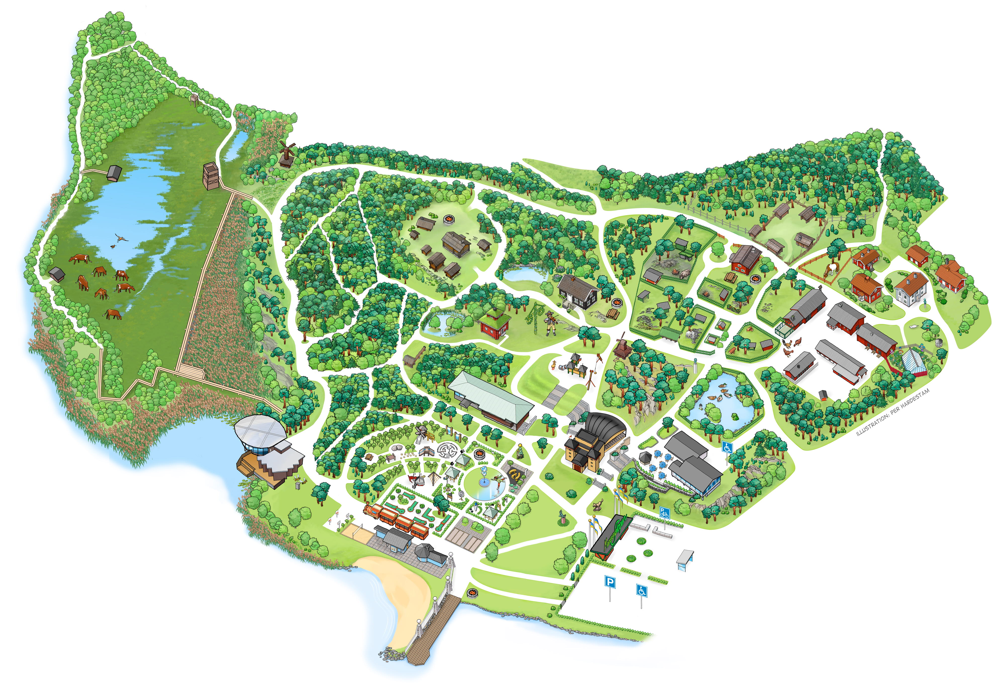 Illustrerad karta över Mariebergsskogen. 