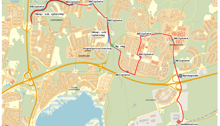Karta med planerad sträckning för snabbussen. Linjen sträcker sig från hållplats i Lorensberg till laddstation utanför Välsviken