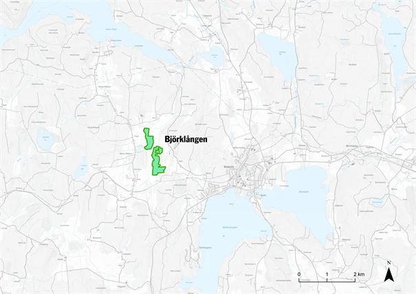 Kartbild med reservatet markerat i grönt
