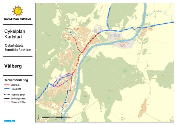 Karta över ny gång- och cykelväg längs Långgatan i Vålberg, mellan Älvenäsvägen i nordost och järnvägsbron i sydväst.