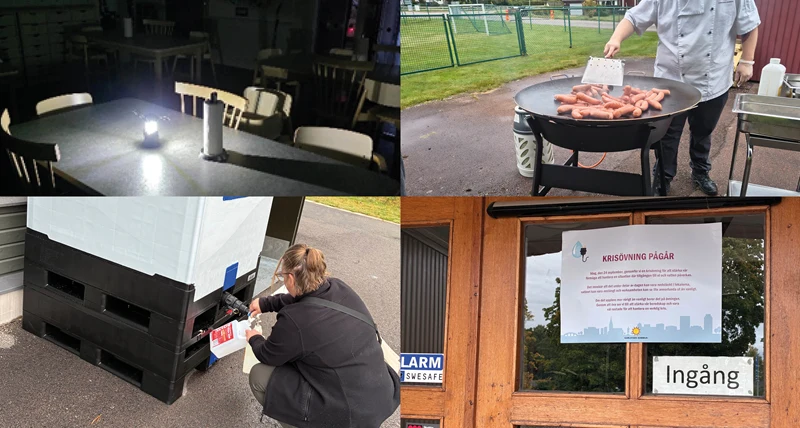 Bildkollage med vattentank, mörkt rum med lampa på bord, kock som steker korv på muurikka och informationsskylt på en dörr.