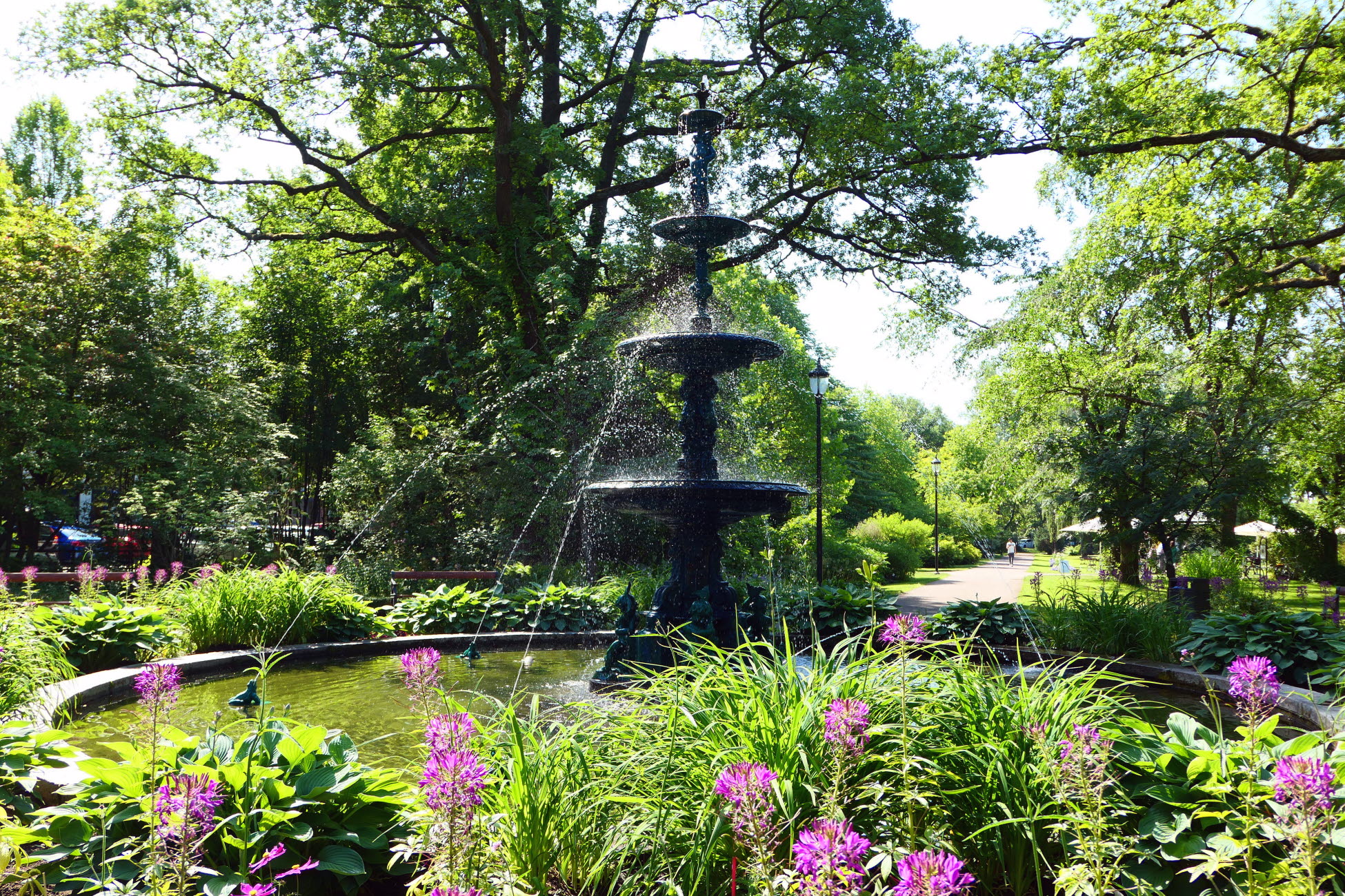 Bild på fontänen i Stadsträdgården med blommor runt om
