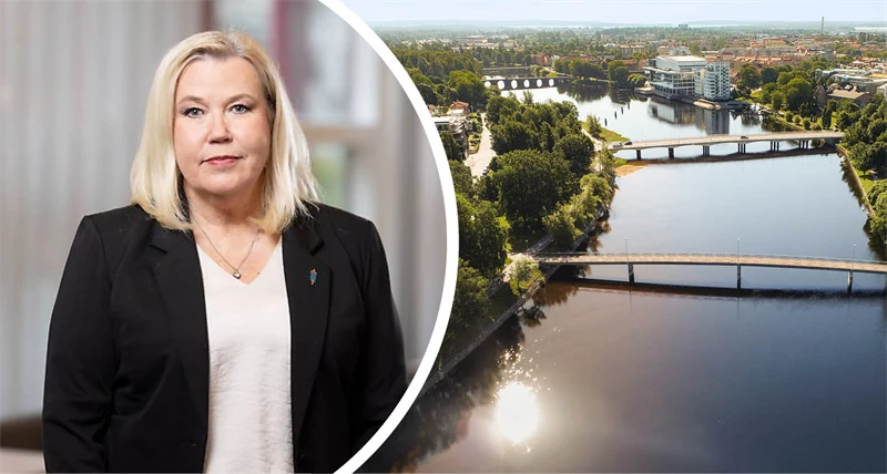 Delad bild med en kvinna till vänster i bilden och en flygbild över Karlstad till höger.