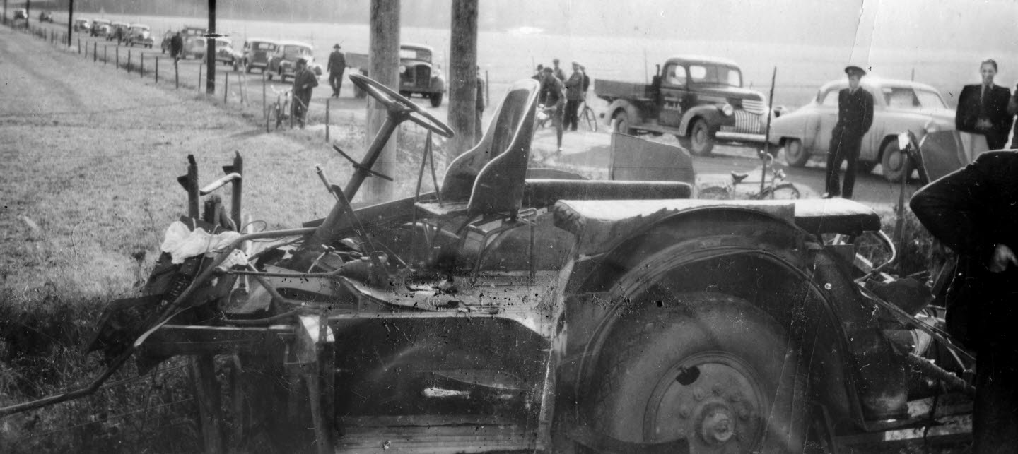 Foto från Edsvallaolyckan 1947, förarsätet till bussen
