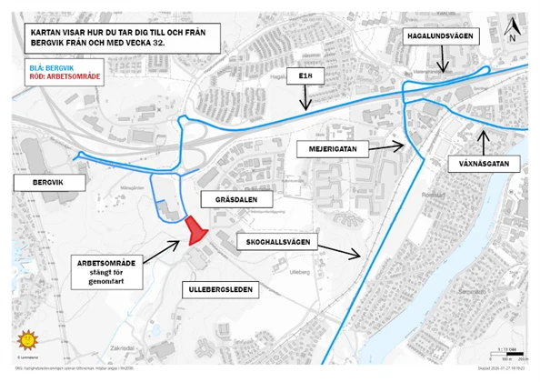 Kartan visar hur du tar dig till och från Bergvik under arbetet. Klicka på bilden för att förstora den.