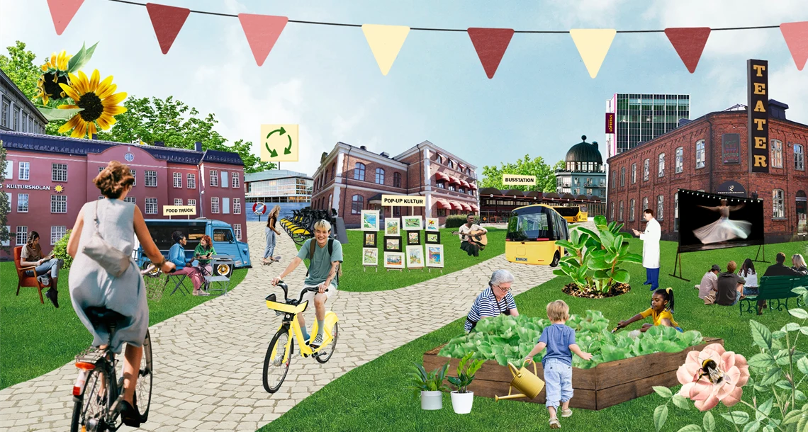 Fotokollage med människor samt byggnader från västra delen av Tingvallastaden 