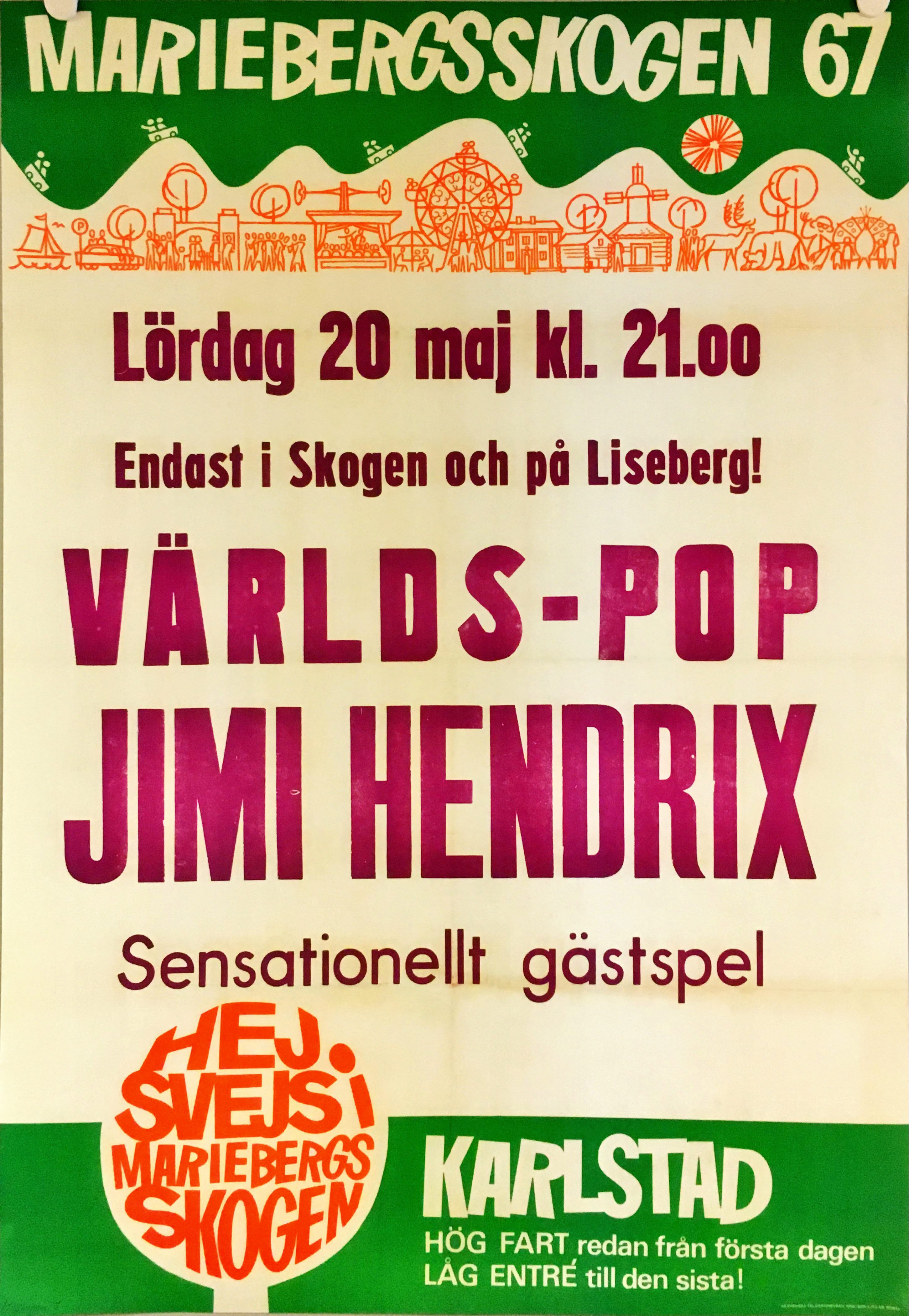 Affisch Jimi Hendrix spelar i Mariebergsskogen 1967
