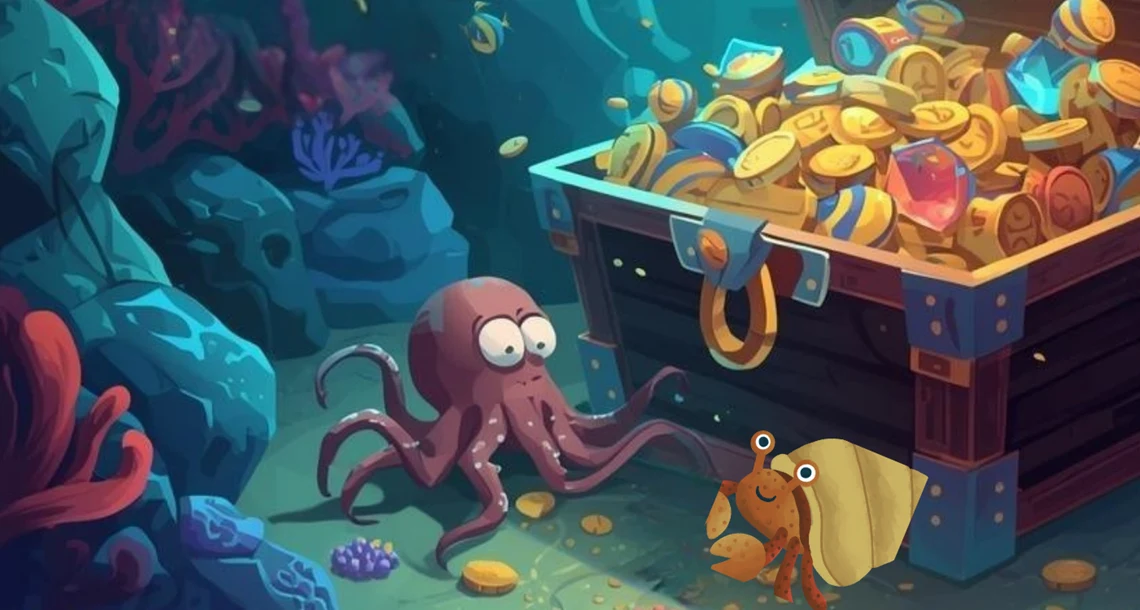 Illustration tillLäsjakten en bläckfisk o ch en skattkista