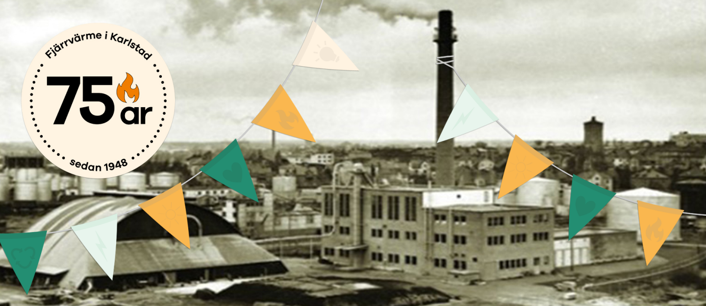 En svartvit bild som visar en gammal industribyggand. På bilden finns det följande text: Fjärrvärme i Karlstad 75 år
