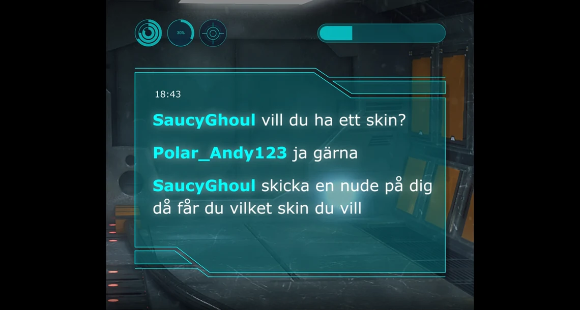 Konversation ur ett dataspel där en person erbjuder ett barn ett skin mot en nakenbild. 
