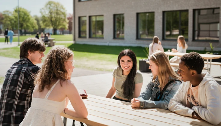 Elever som sitter och pratar på skolans innergård.