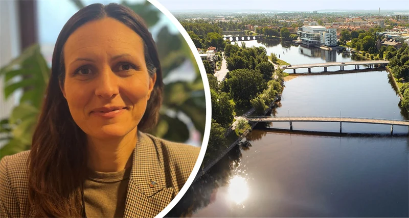 Delad bild med en kvinna till vänster i bilden och en flygbild över Karlstad till höger.