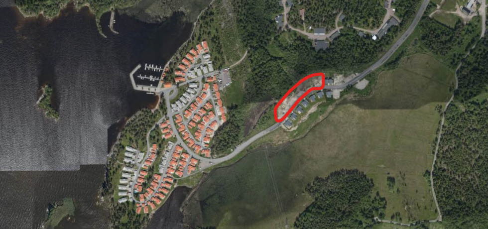 Flygbild över Kustremsan 1 som visar var det ska byggas bostäder