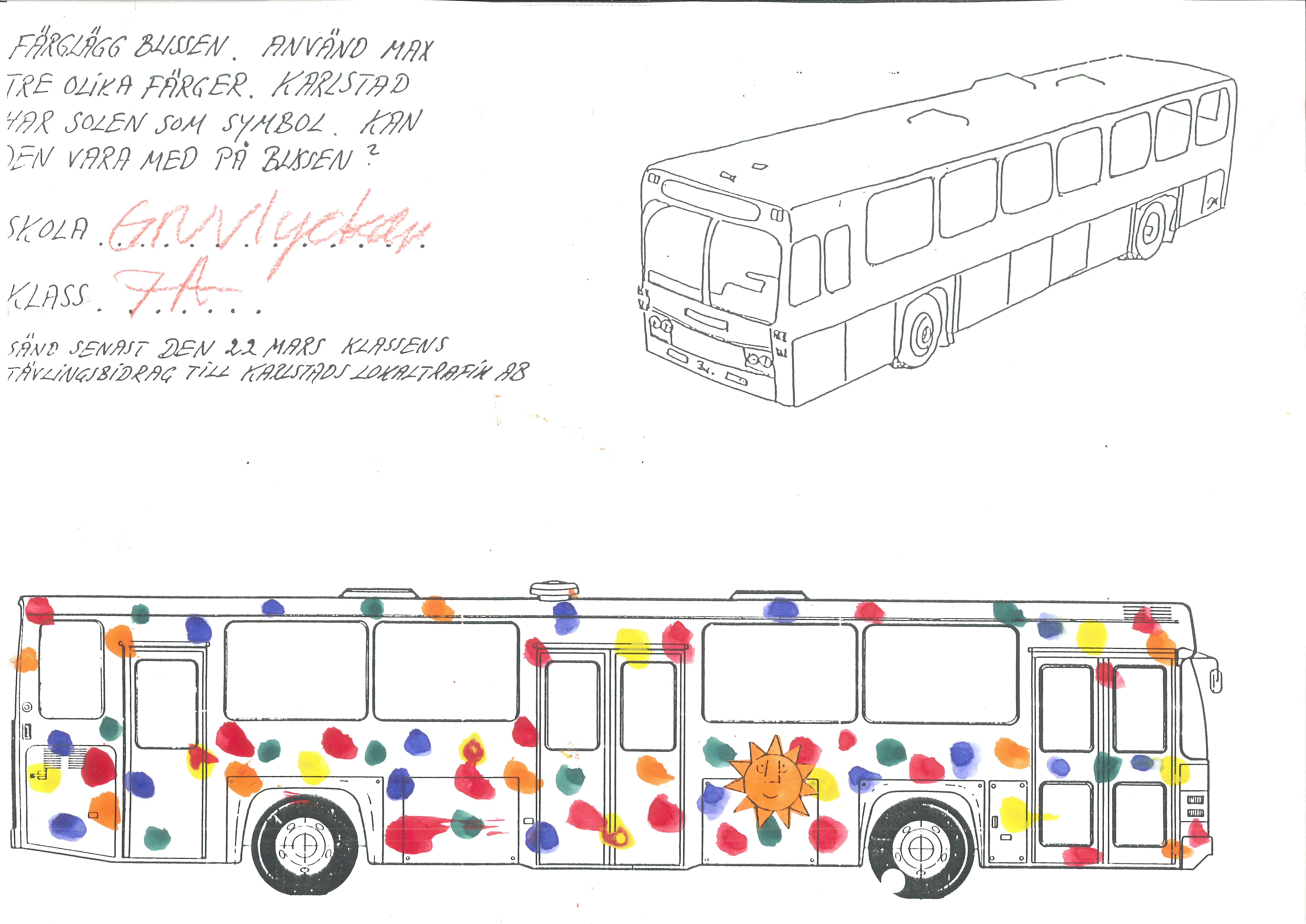 Ett av bidragen till bussdesigntävling 1989, en prickig buss i glada färger.