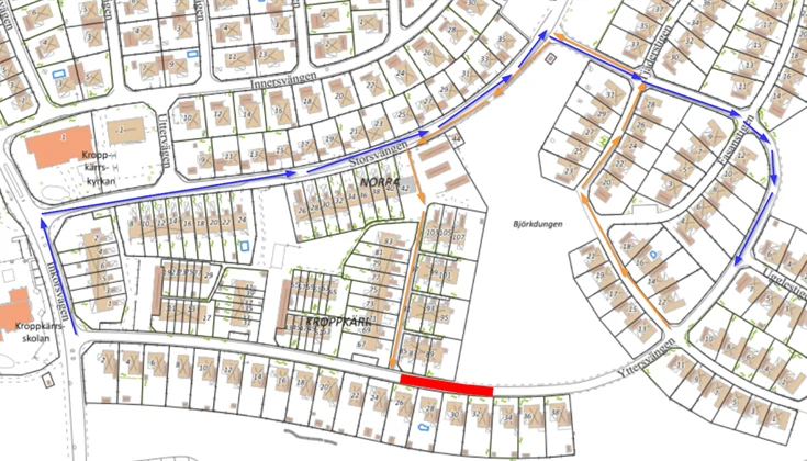 Karta Yttersvängen vägansvisningar för var biltrafik och cykeltrafik kan åka vid avstängning