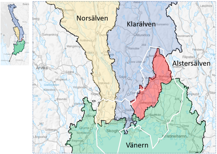 Karta över de större avrinningsområdena inom Karlstads kommun, Norsälven, Klarälven och Alsterälven.
