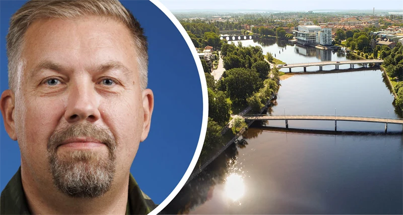 Delad bild med en man till vänster i bilden och en flygbild över Karlstad till höger.