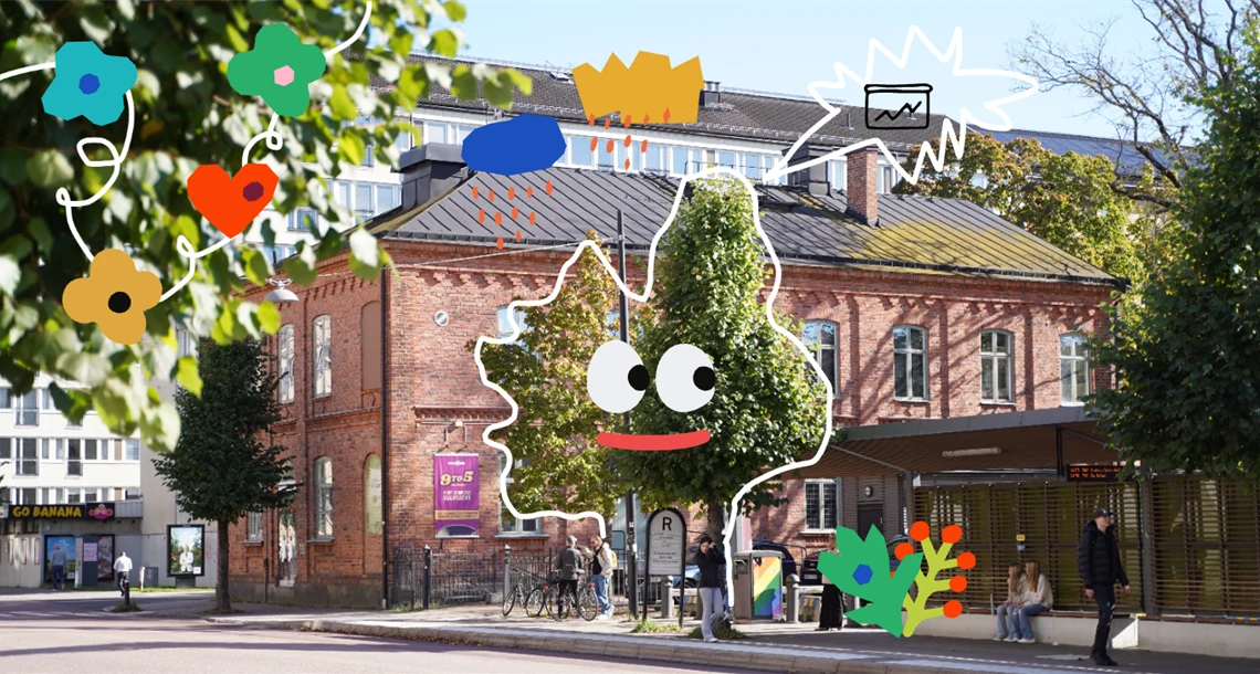 En bild på ett tegelhus och gröna träd. Det finns färgglada illustrationer av blommor och moln ovanpå fotot