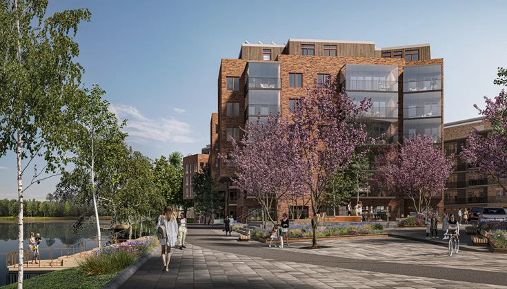 Torg med flera träd och planteringar