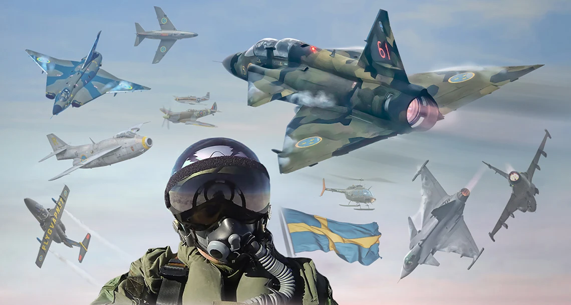 Olika militärflygplan, militärhelikopter, pilot och svenska flaggan