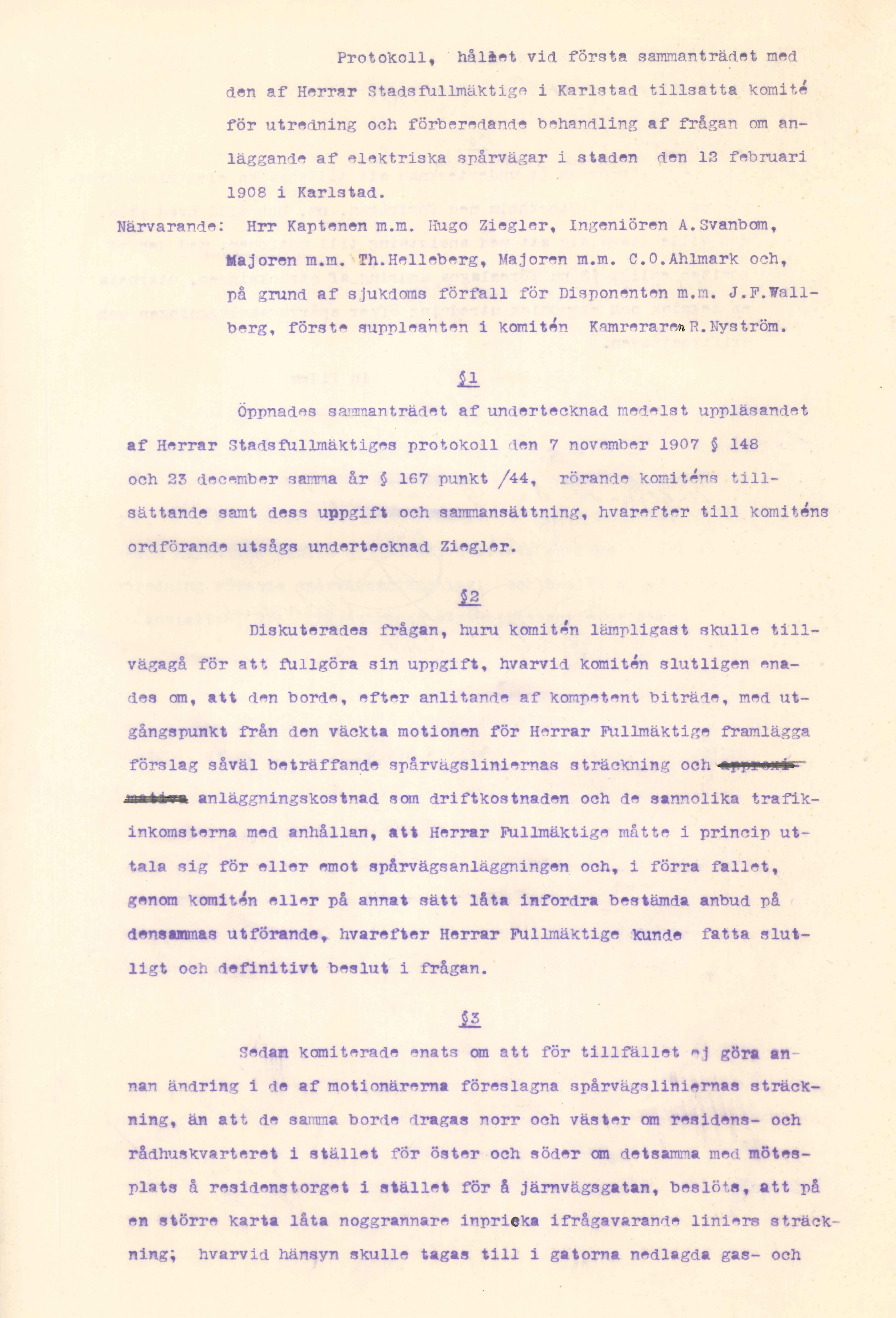 Spårvägskommitténs första protokoll 1908, sida 1