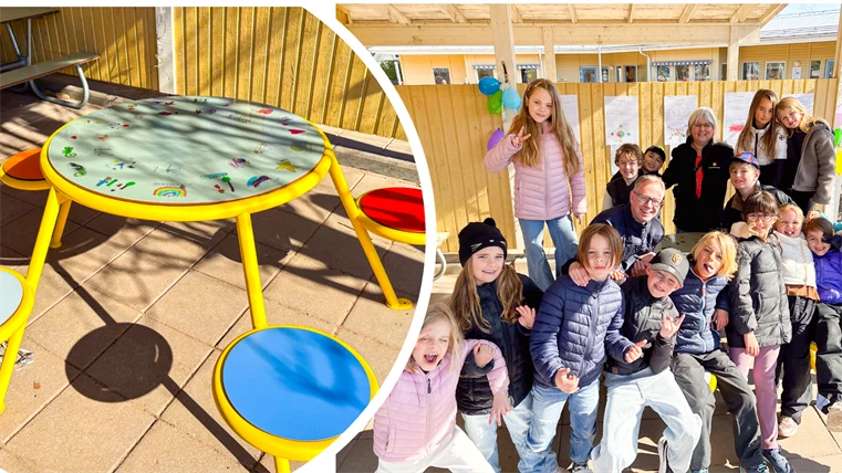 Kollage av två bilder. Vänskapsbänk och elever som firar att den är på plats.