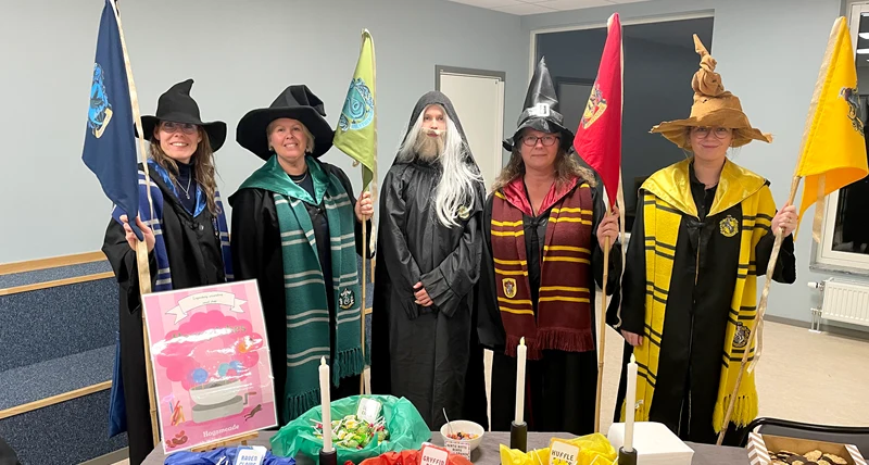 Fem lärare som är utklädda till Harry Potter karaktärer i färgglada dräkter. 