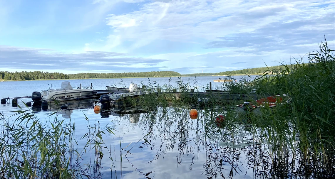 Liten brygga med båtar, blå himmel och blått vatten. Grönskande land på håll.