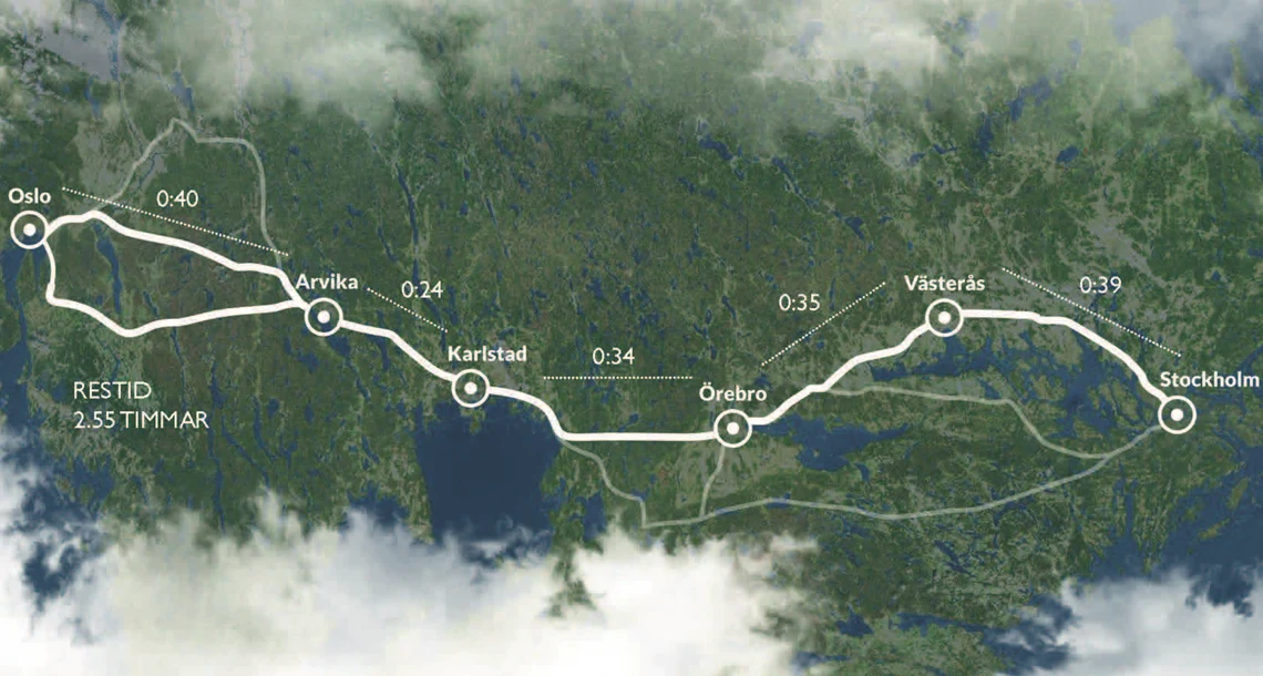 Karta järnvägssträcka Oslo-Stockholm