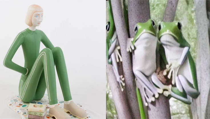 Konstverk Skulptur av sittande dam i gröna kläder av Sara Nilson och gröna grodor i träd av Jenny Johansson.
