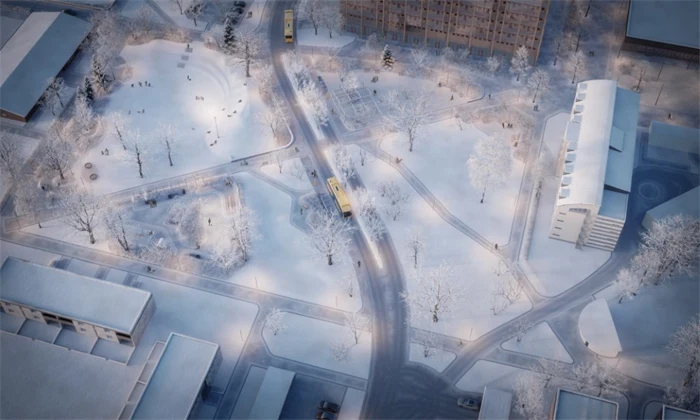 Illustration av Kronoparkens centrum vintertid